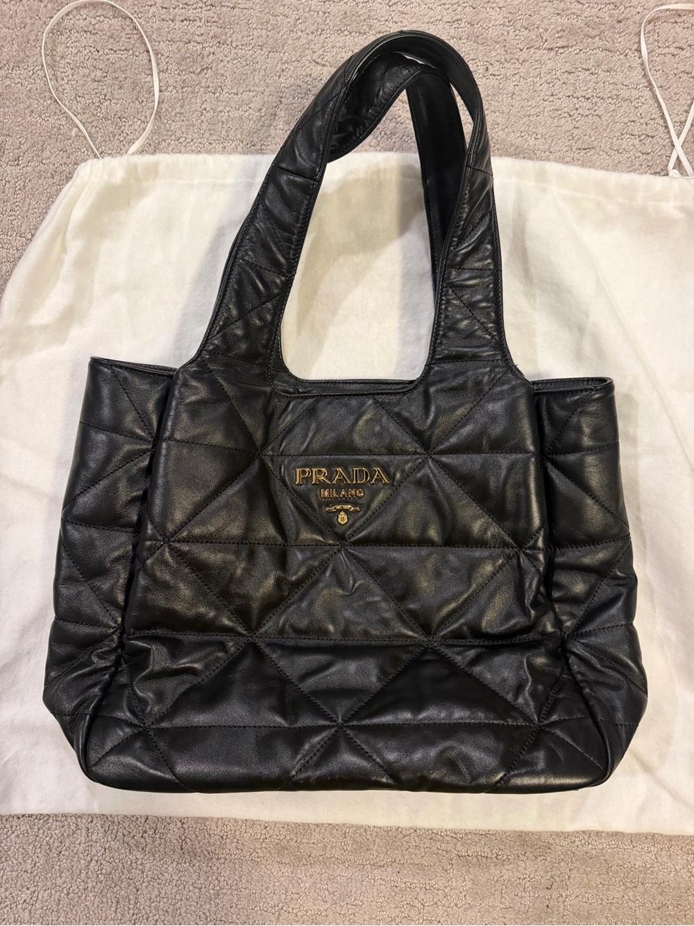 Prada Black Quilted Leather Tote with Gold Logo